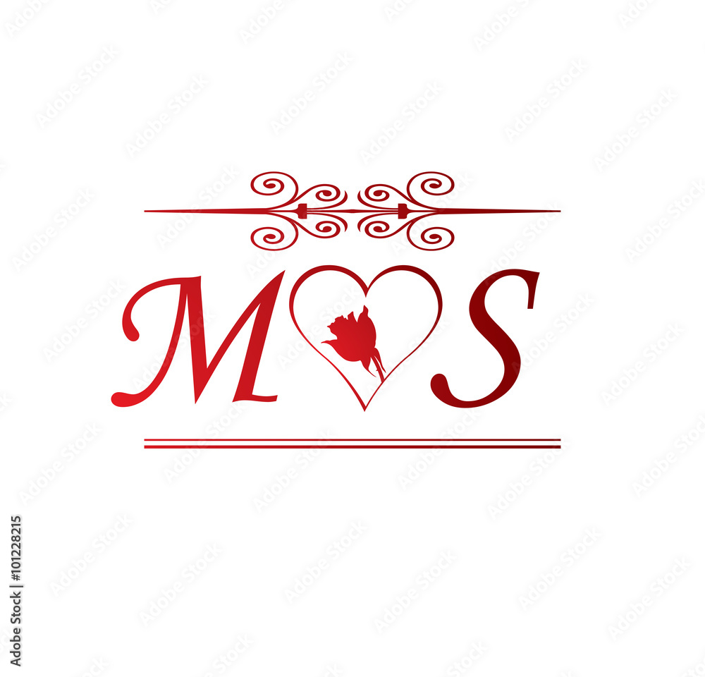 MS love initial with red heart and rose Stock Vector | Adobe Stock