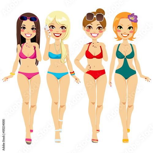 Illustration of four beautiful fashion girls walking in bikini