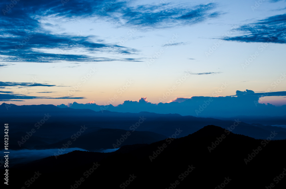 art tone,blurry,silhouette of before sunrise with the mountain