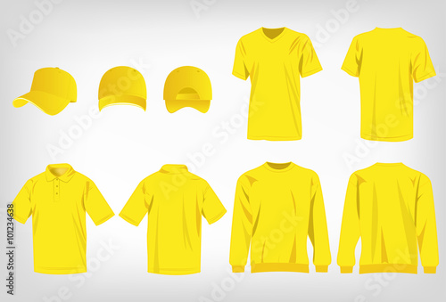 Sport yellow t-shirt, sweater, polo shirt and baseball cap isolated set vector