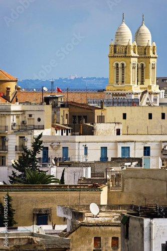 Tunisia. Tunis - old town (medina) seen from roof top. There is steeples of Tunis Cathedral (St Vincent de Paul) on second plan and Byrsa Hill with St Louis Cathedral on background (on horizon) photo