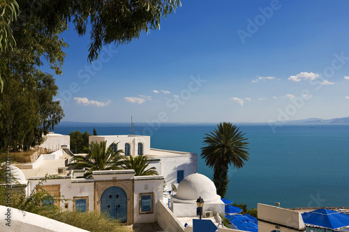 Tunisia. Sidi Bou Said - typical building with white walls, blue doors and windows