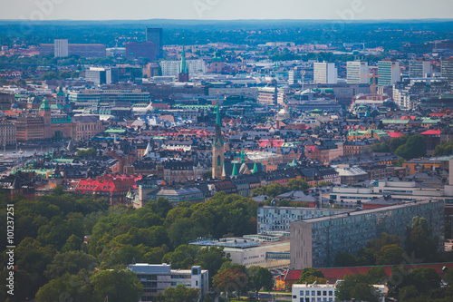 Canvas Print Beautiful super wide-angle panoramic aerial view of Stockholm, Sweden with harbo