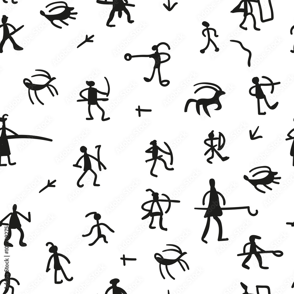 Rock painting seamless pattern with animals and people. Black and white background. Rock painting seamless pattern with animals and people. Black and white background.