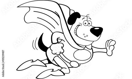 Black and white illustration of a dog dressed as a super hero.