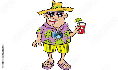 Cartoon illustration of a tourist holding a drink.