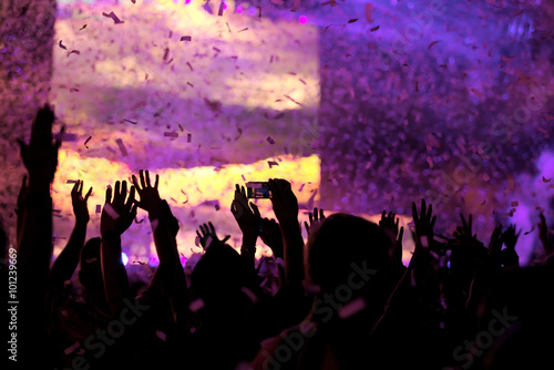 Genuine shot of many hands in the air on a Dutch EDM festival during a confetti burst.