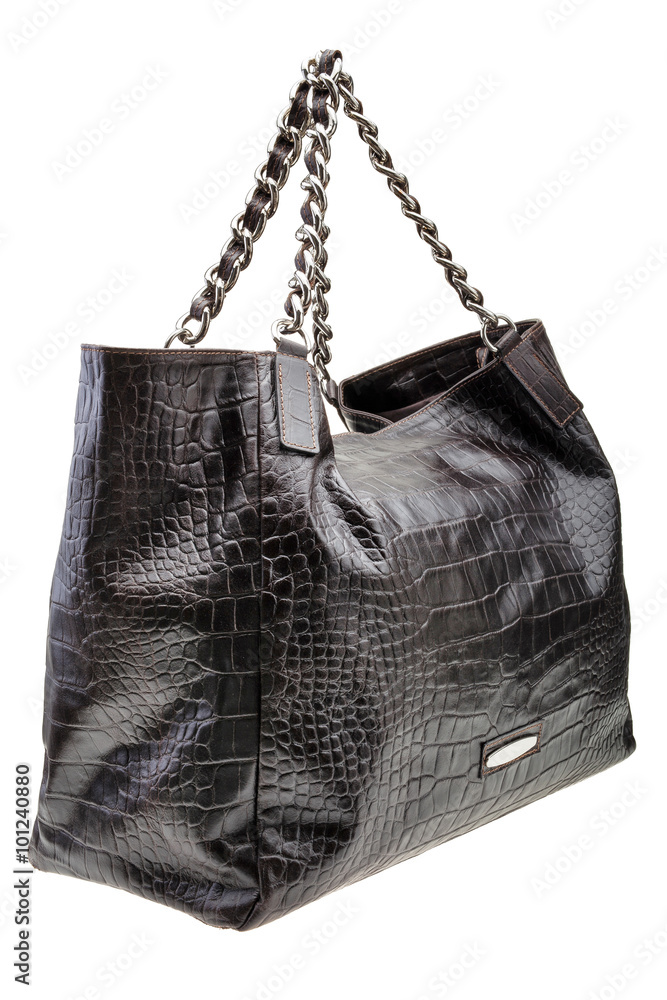 Black leather womens bag isolated on white background.