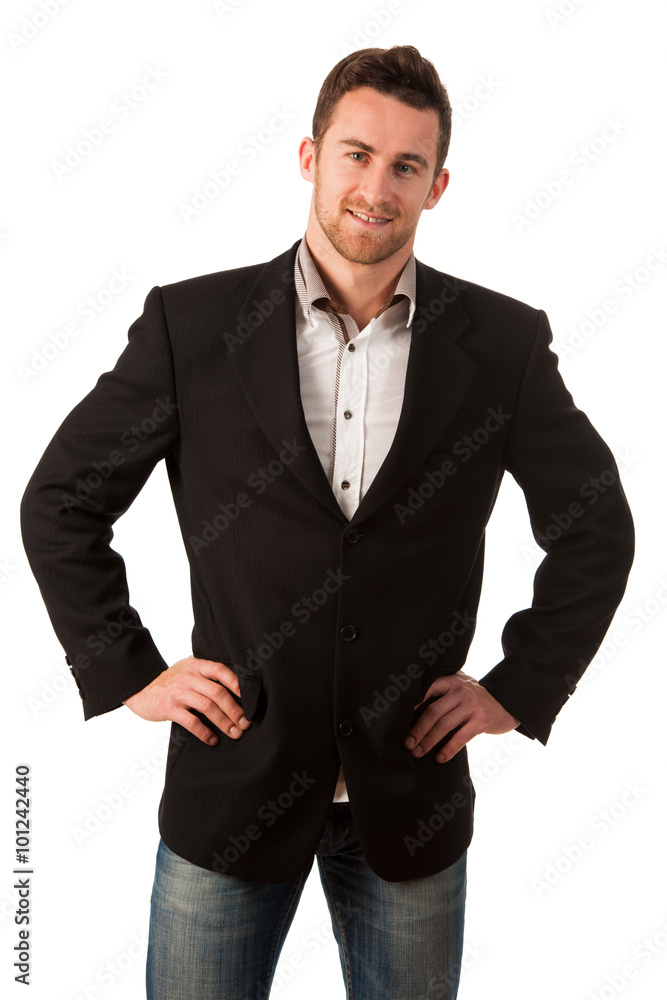 Confident businessman standing thinking, searching solution. Con