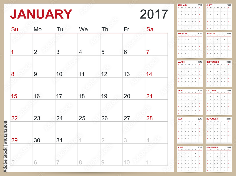 English Calendar 2017 / Planning calendar template January - December