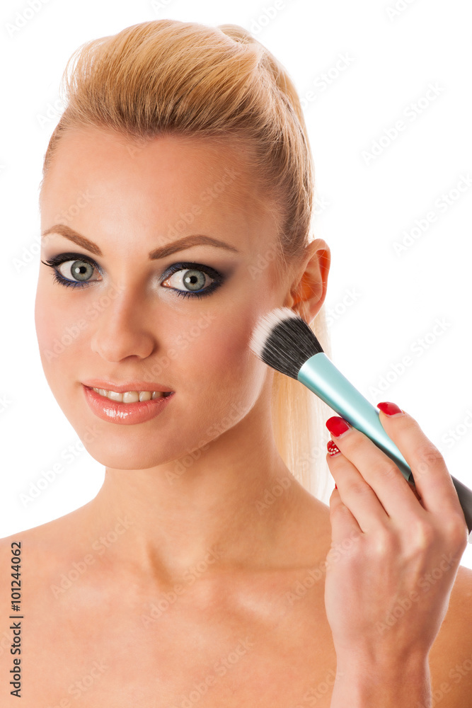 Portrait of woman holding beauty accessories, mascara, pauder br Portrait of woman holding beauty accessories, mascara, pauder br
