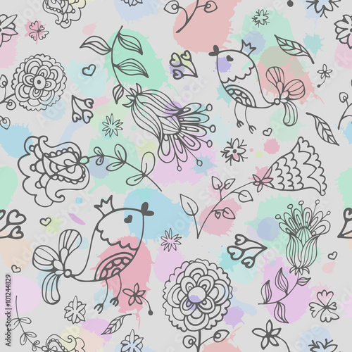 Cute doodle seamless floral pattern with birds. Background, texture, textile