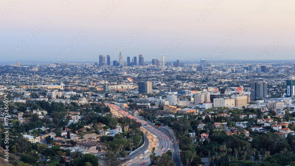 4K timelapse of Los Angeles downtown cityscape, sunset to twilight from Hollywood BowlCalifornia 4K timelapse of Los Angeles downtown cityscape, sunset to twilight from Hollywood BowlCalifornia