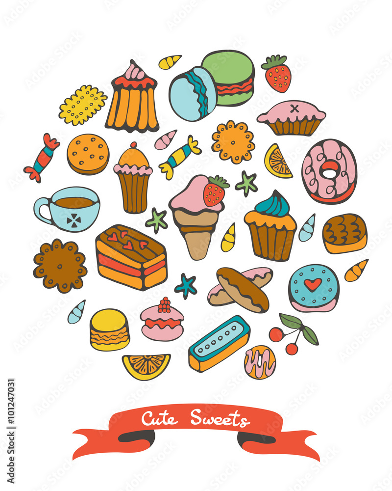 Cute collection of hand drawn sweets and desserts Cute collection of hand drawn sweets and desserts