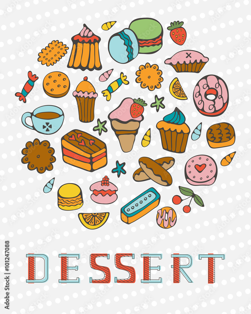 Fototapeta Cute collection of hand drawn sweets and desserts