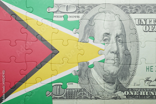 puzzle with the national flag of guyana and dollar banknote