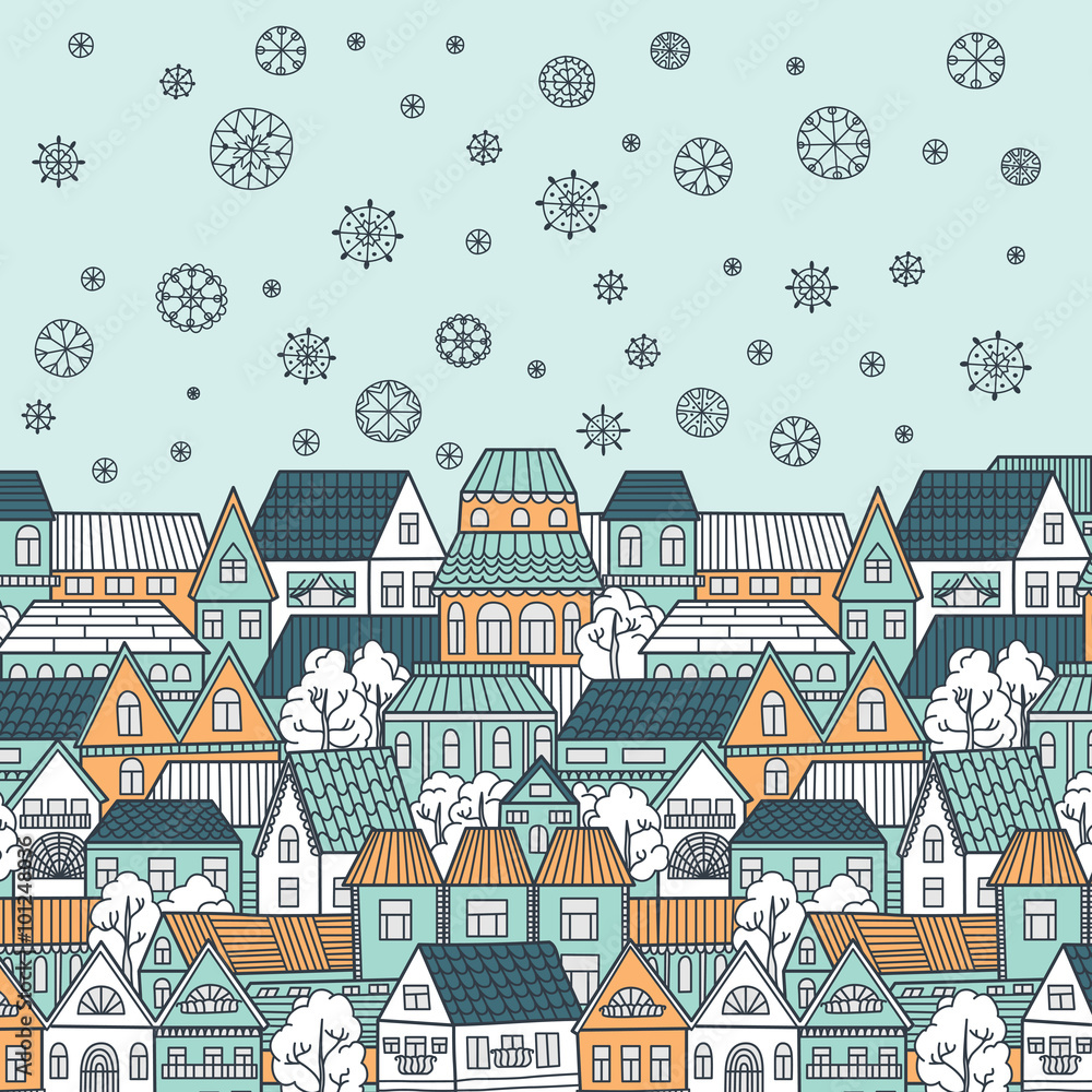 Winter vector illustration with houses, falling snowflakes and place for your text. Can be used for winter or Christmas background.