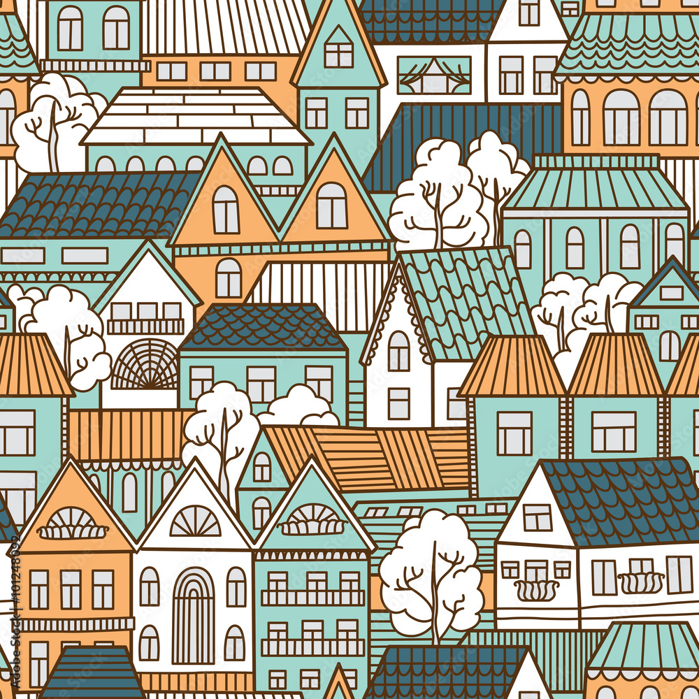 Seamless pattern with houses and trees. Vector illustration