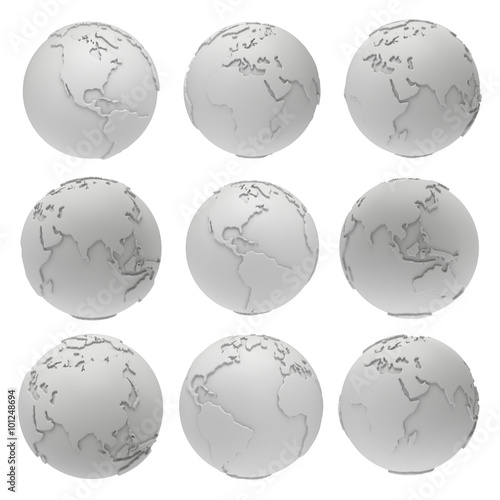 Set of 3D blank earth planet globe icons.