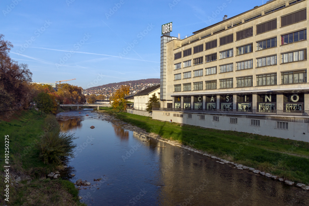 Cityscape of Sihl river in the city of Zurich, Switzerland