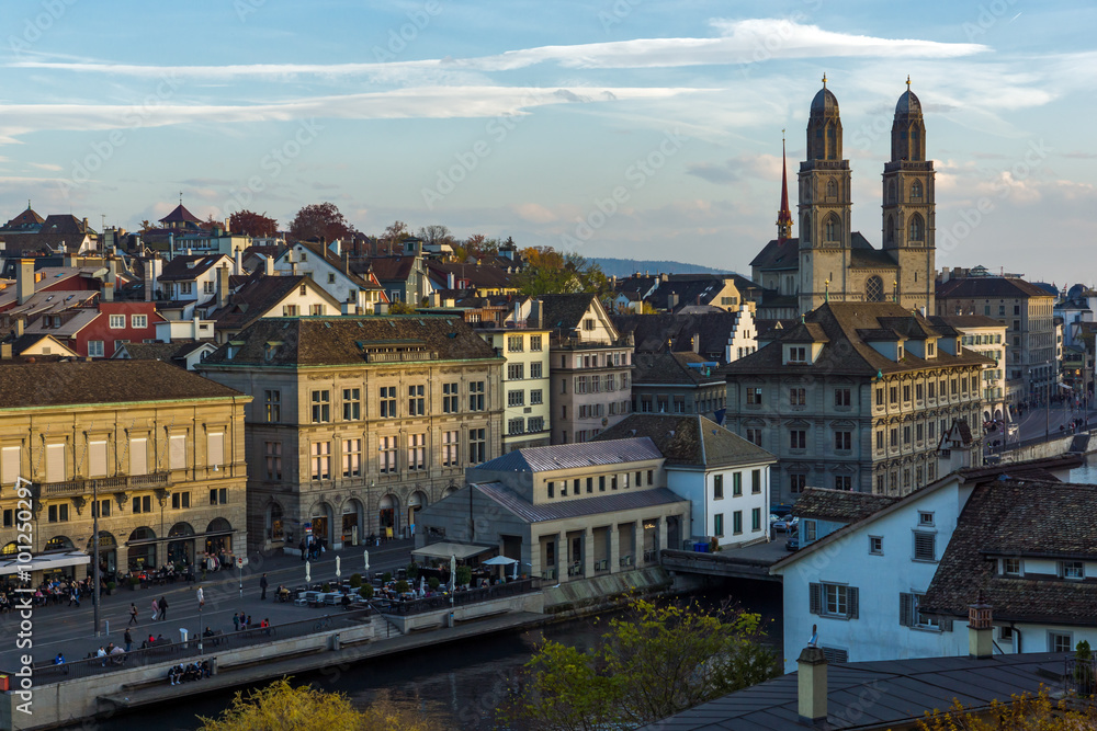 Church of Grossmunster and reflection in Limmat River, Zurich, Switzerland