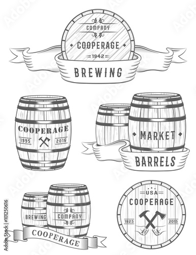 Set Wooden Casks Badges and Cooperage Logo