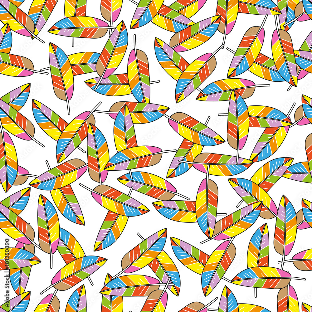 Obraz premium Colored feathers abstract seamless pattern on white background.