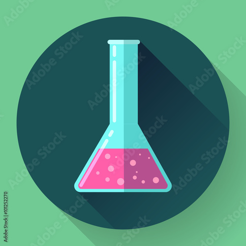 Conical Flask Icon with chemical solution. Flat design style.