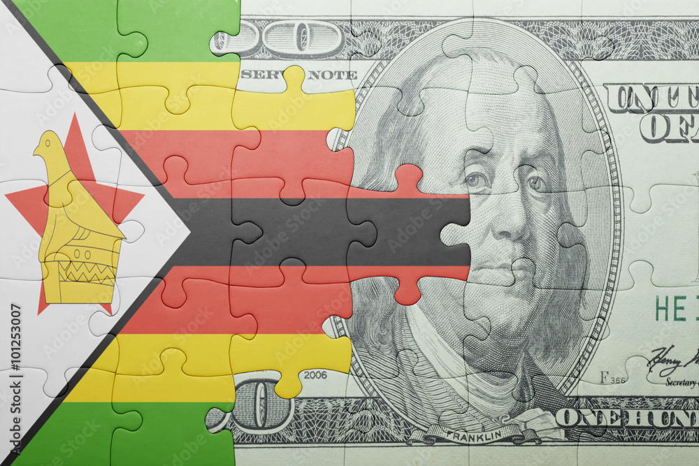 puzzle with the national flag of zimbabwe and dollar banknote