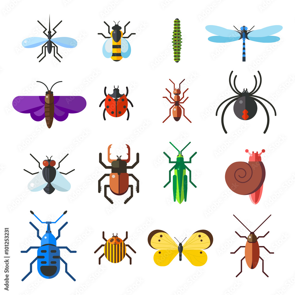 Insect icon flat set isolated on white background Insect icon flat set isolated on white background