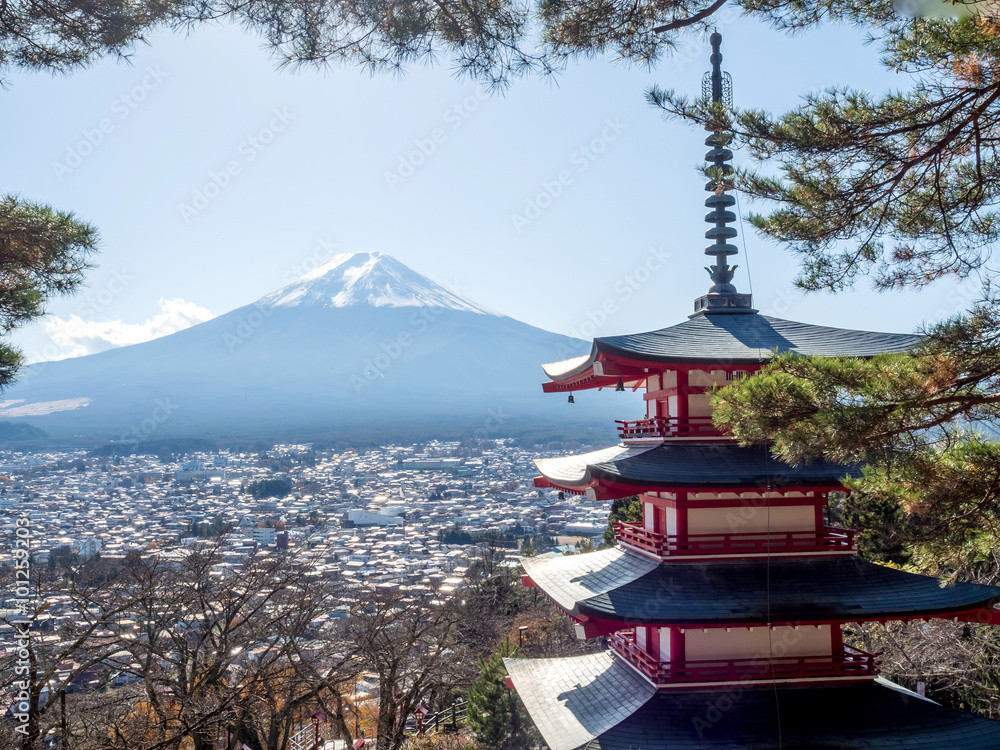 Pagoda with Fuji mountain in Japan