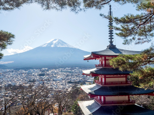 Pagoda with Fuji mountain in Japan