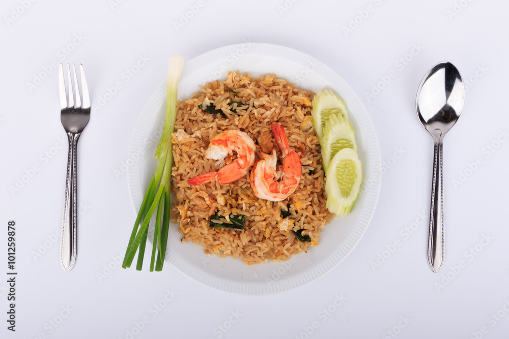 Fried Rice with Shrimp and Vegetables on White Plate and White Background, Thai cuisine Fried Rice with Shrimp and Vegetables on White Plate and White Background, Thai cuisine