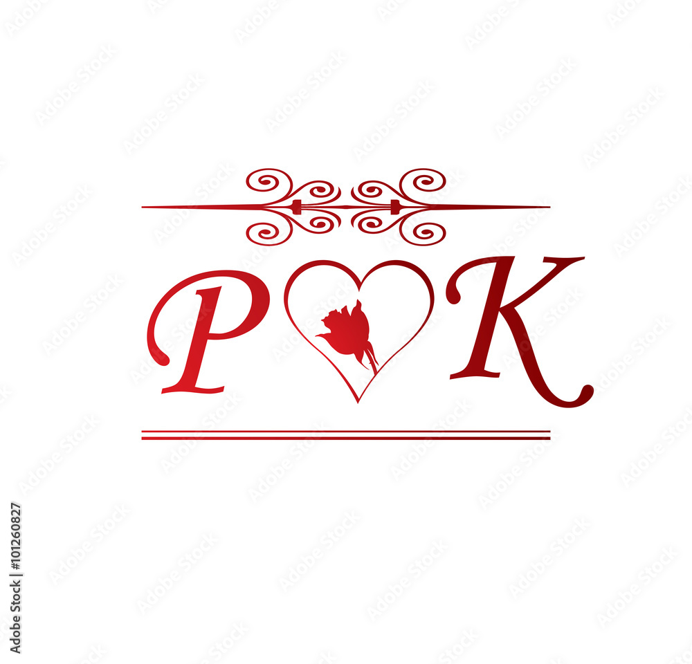 Pk Love Initial With Red Heart And Rose Stock Vector Adobe Stock