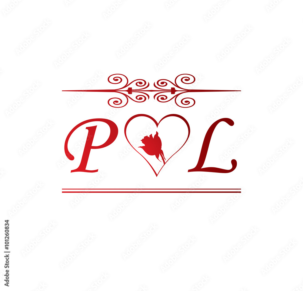 PL love initial with red heart and rose Stock Vector | Adobe Stock