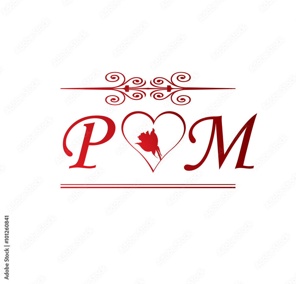 PM love initial with red heart and rose Stock Vector