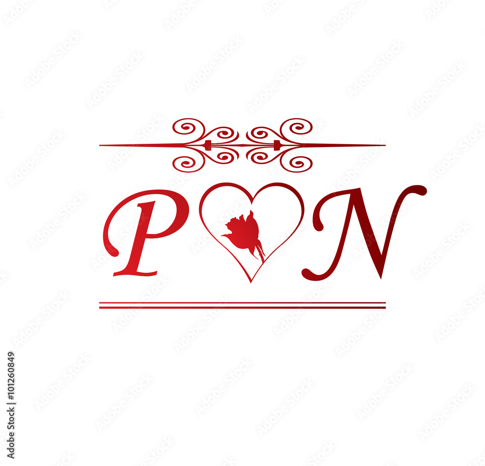 PN love initial with red heart and rose Stock Vector | Adobe Stock