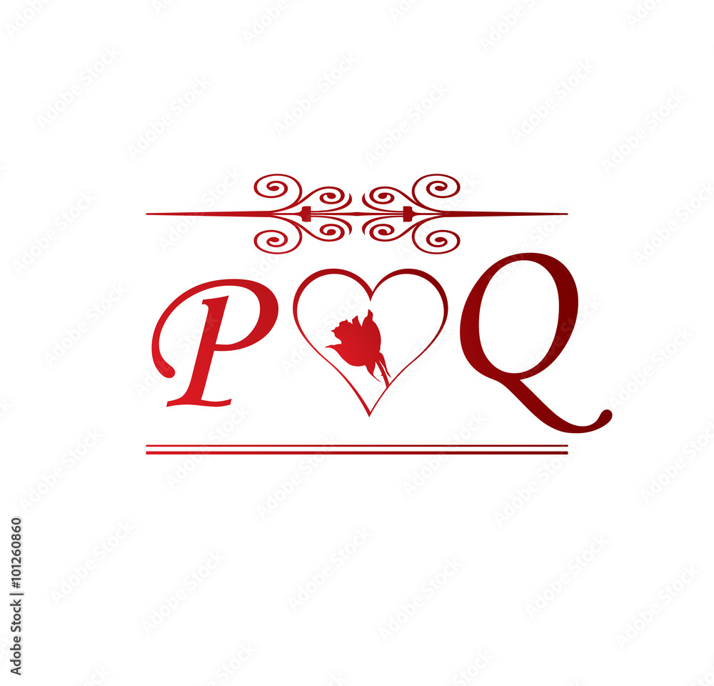 PQ love initial with red heart and rose