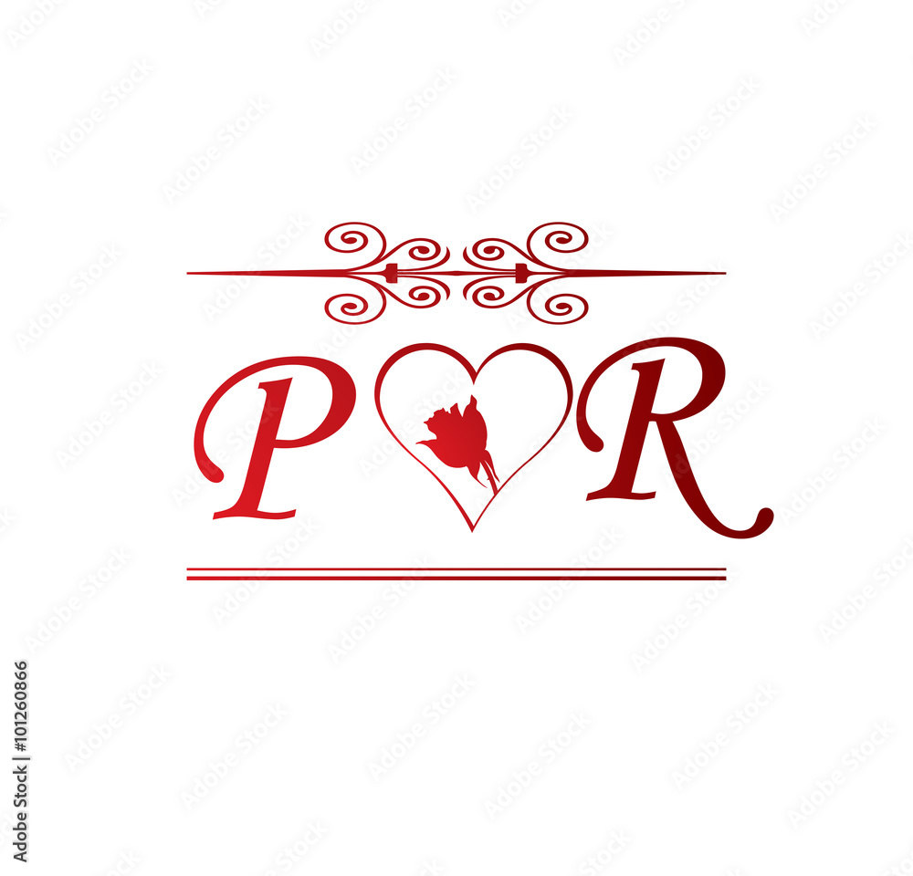 PR love initial with red heart and rose Stock Vector | Adobe Stock