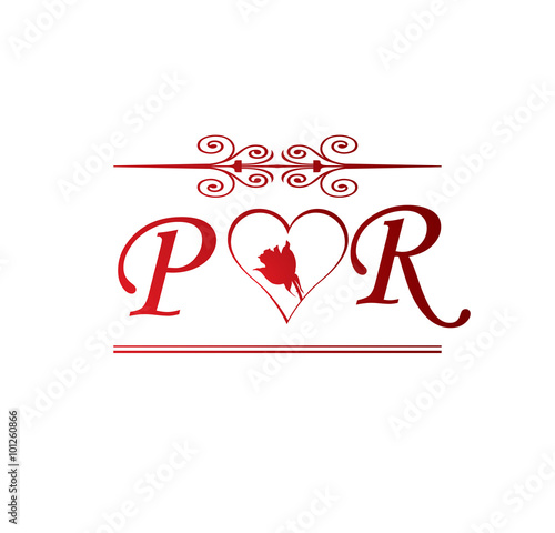 PR love initial with red heart and rose