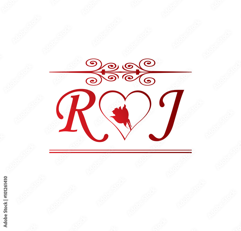 RJ love initial with red heart and rose Stock Vector | Adobe Stock