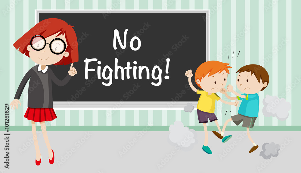 Boy fighting in front of no fighting sign Boy fighting in front of no fighting sign