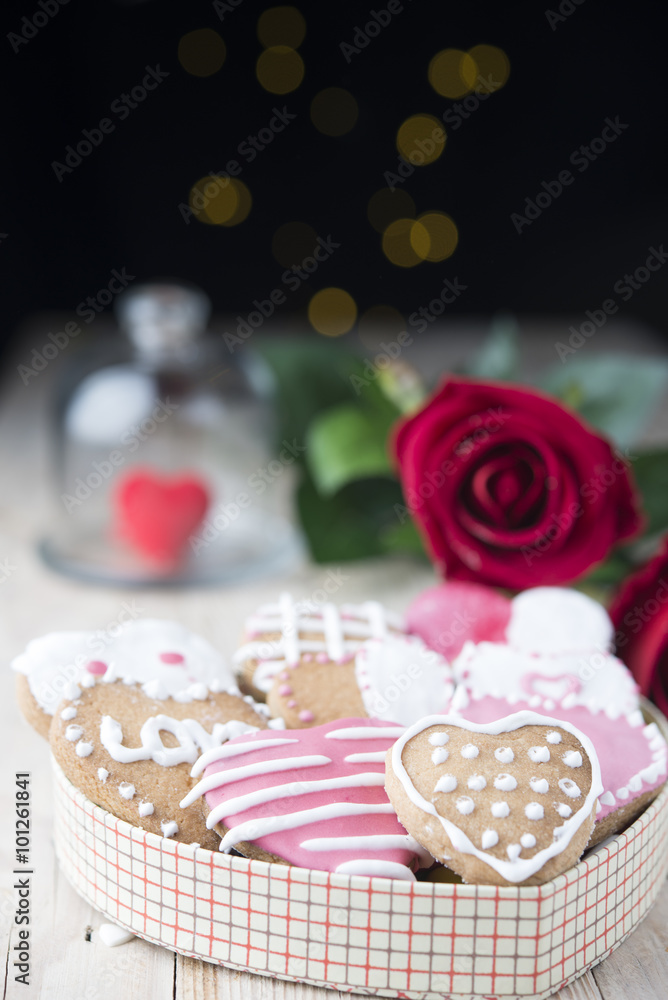 Festive cookies with hearts and roses for Valentine's Day. Festive cookies with hearts and roses for Valentine's Day.