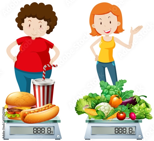 Woman eating healthy and unhealthy food