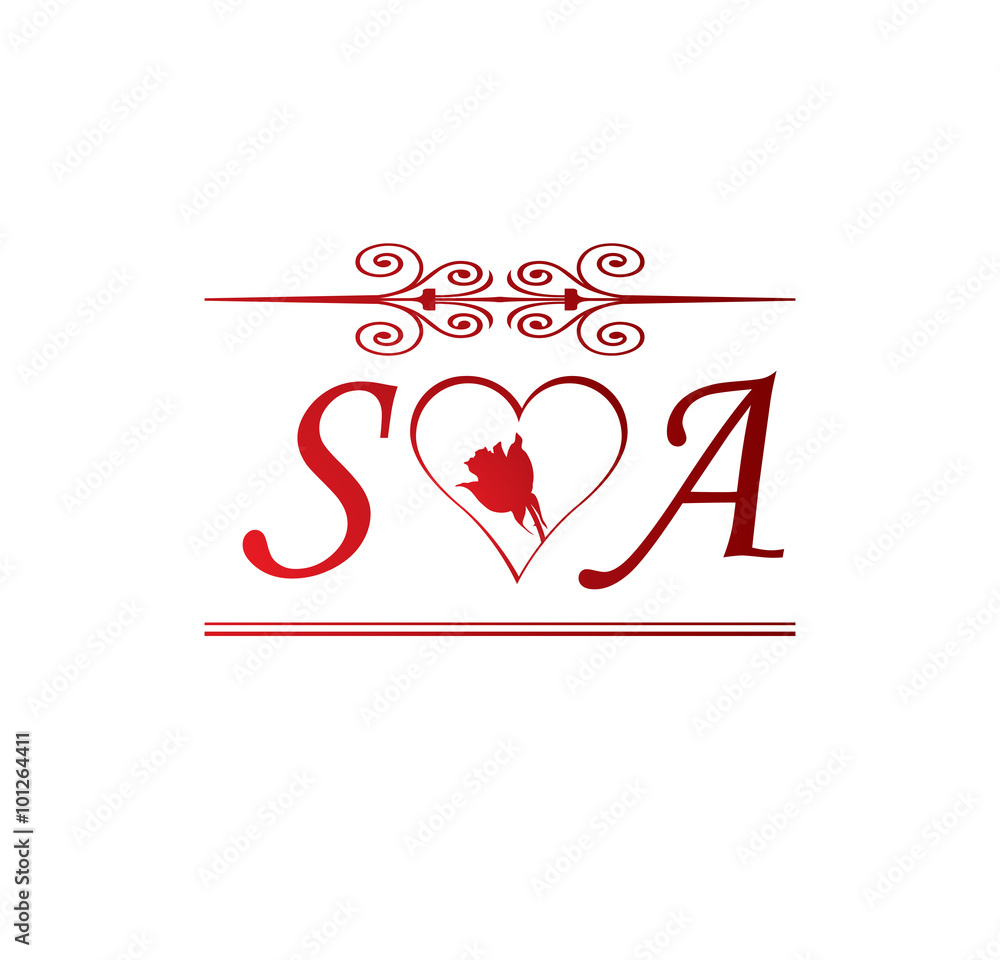 SA love initial with red heart and rose Stock Vector | Adobe Stock