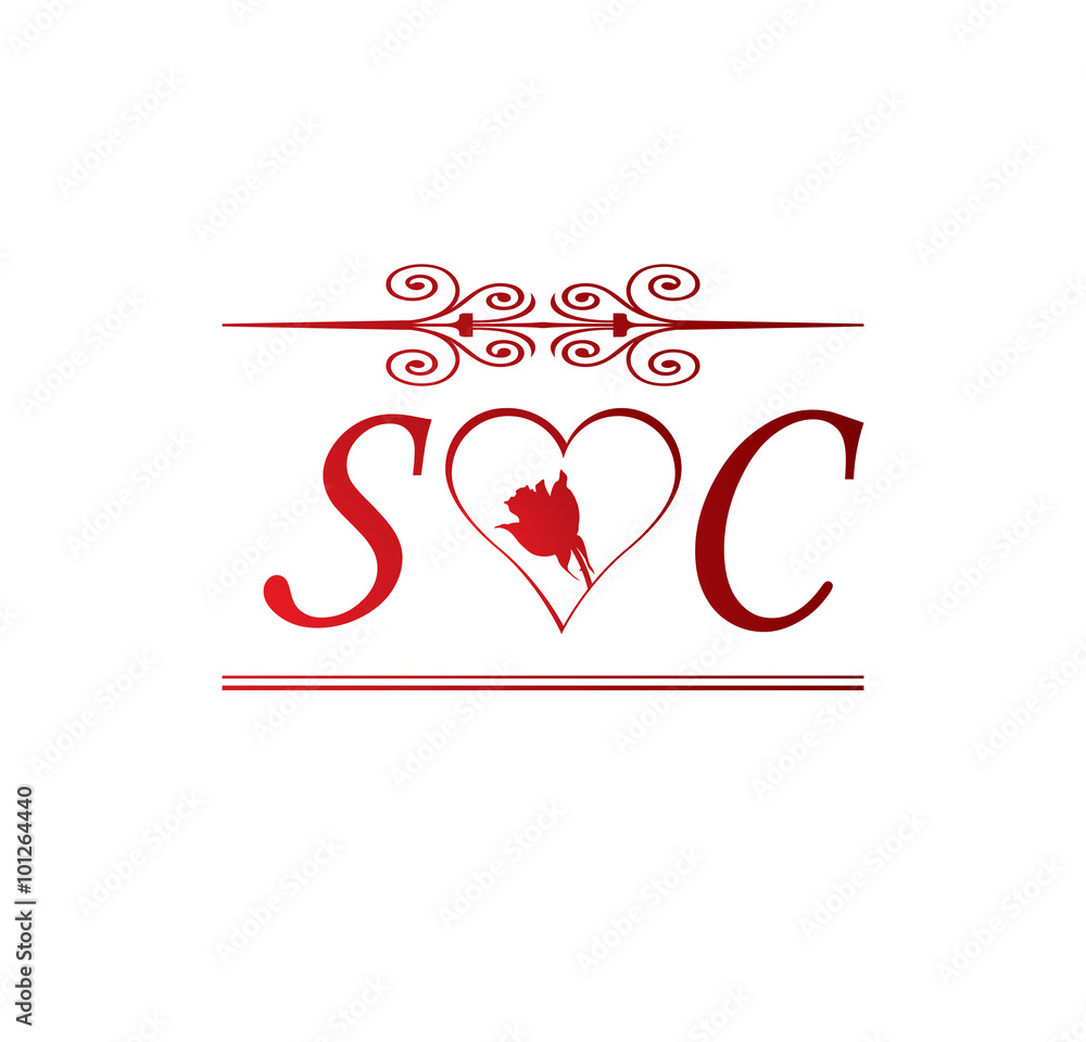 SC love initial with red heart and rose Stock Vector | Adobe Stock