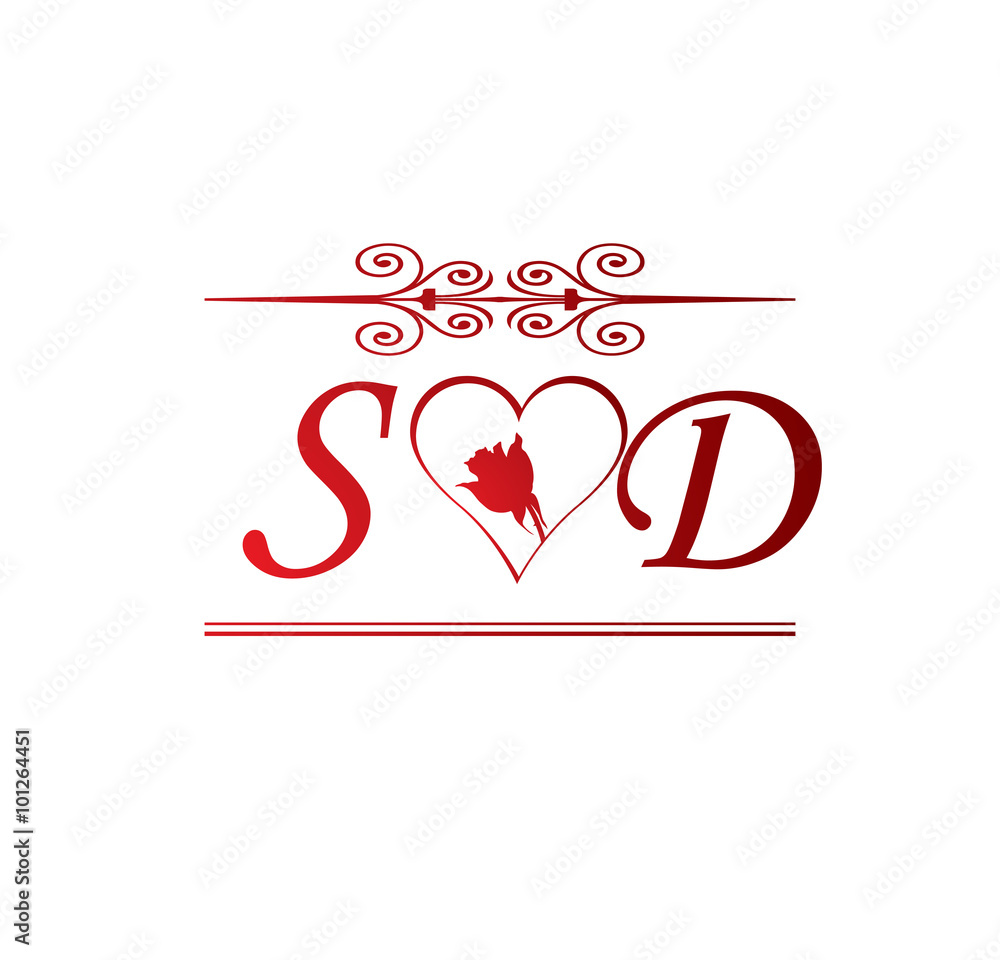 SD love initial with red heart and rose Stock Vector | Adobe Stock