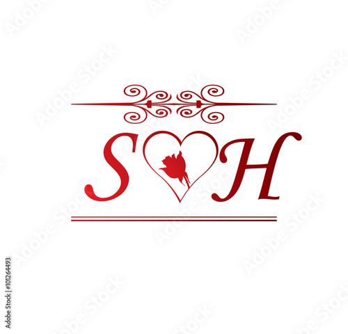 SH love initial with red heart and rose Stock Vector | Adobe Stock