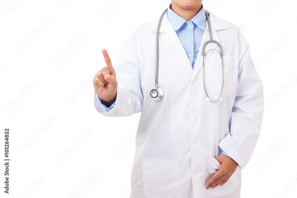 Doctor with stethoscope point finger up, empty copy space, on white background Doctor with stethoscope point finger up, empty copy space, on white background