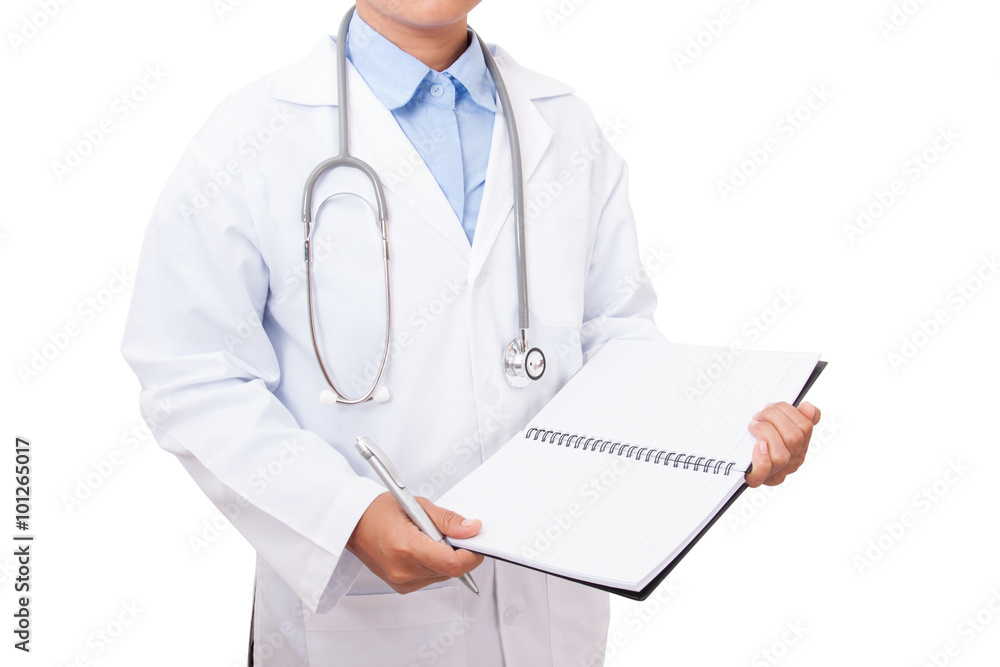 Doctor holding a note book on white background Doctor holding a note book on white background